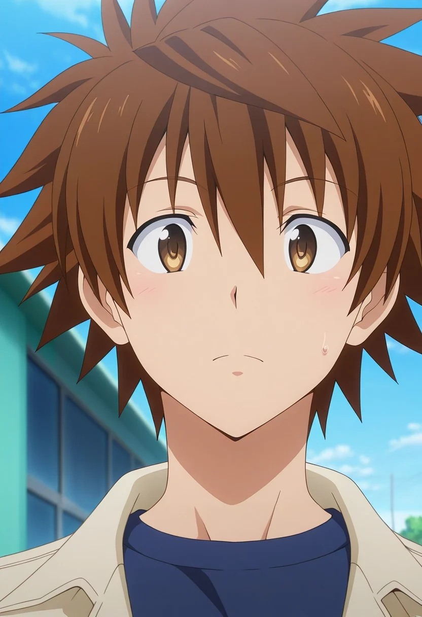 masterpiece, best quality, , anime screencap, , official style, , 1boy, solo, male focus, <lora:rito_yuuki_ilxl:0.9>, rito_yuuki, brown hair, brown eyes, spiked hair, ,