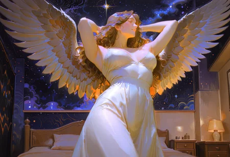 embedding:lazympos, masterpiece, newest, absurdres, yuming li artstyle, ymnl_style, 1girl, long_hair, feathered_wings,  dynamic_pose, painterly, abstract, impressionism, traditional_media, mosaic background, hotel room, night, from below, pov, arms behind head, profile, smile, Kasaya