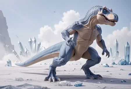 score_9, score_8_up, score_7_up, muscular dinosaur, full body, blue-eyes white dragon, tyrannosaurus, crystal, attack
