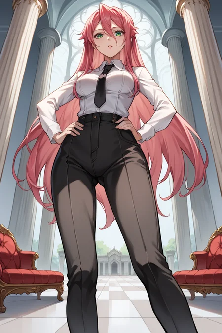 score_9, score_8_up, score_7_up, 1girl, prefect lighting, very aesthetic, intricate details, highly detailed background, masterpiece, high quality, prefect hands, best quality, solo, source_anime,
<lora:Iris_Arcadia_Kuroinu_V1:.85>, KJOiris, pink hair, red hair, green eyes, hair between eyes, long hair, 
White collared shirt, black necktie, black pants, long sleeves,
standing, hand on own hip, from below, looking at viewer, 
mansion, pillars, tile floor, red couch,
(Beautiful, medium Breasts:1.2), natural breasts,