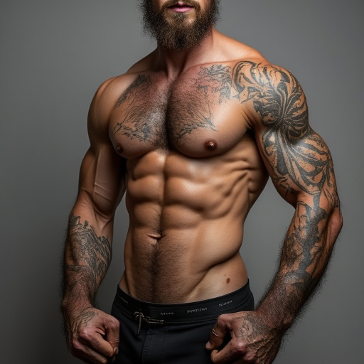 Tall skinny hairy muscular,  hairy chest, chest hair, arm hair, navel hair, armpit hair, pubic hair, leg hair,  Broad shoulders and narrow waist,  Faded black tattoos on chest and arms, detailed tattoos,  Big strong hands with large hairy knuckles,  narrow head,