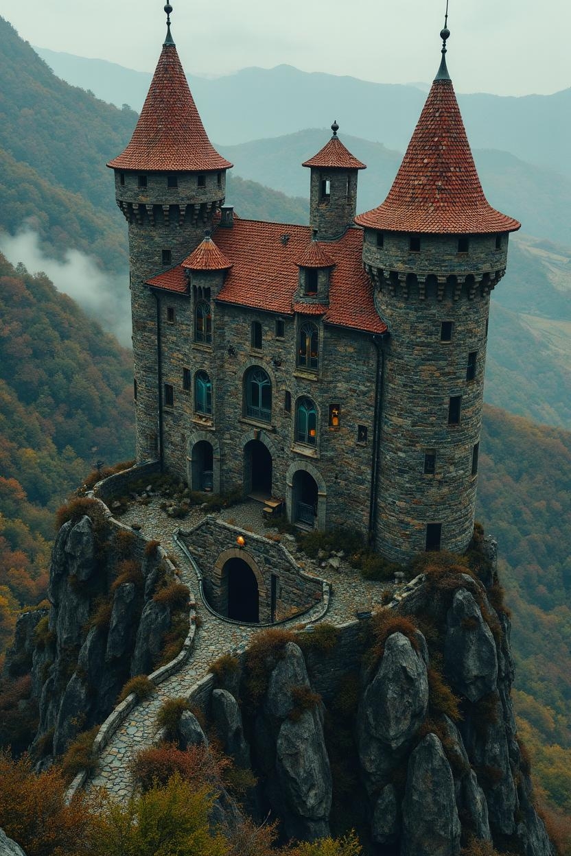<lora:flux-collagestyle.safetensors:1> darkfantasycollagestyle
From a vantage high above, the ancient stone castle fortress emerges as a delicate, intricate piece of glasswork, its form captured in a high-quality photograph. The historical architecture is rendered with flowing, symmetrical patterns, each stone wall and dark mossy brick a testament to time and artistry. The conical stone towers stand tall, their surfaces beveled and smooth, adorned with fine lines and embellishments that catch the light.
Arched windows, now translucent and reflective, seem to shimmer with a soft, ethereal glow, their frames inlaid with small luminous dots and gems in cool tones of teal, muted gold, and pearl. The red-tiled roof, a tapestry of smooth, polished tiles, reflects the overcast sky, adding depth and a sense of mystery to the scene.
The rolling green hills in the background are a tapestry of muted earth tones, their surfaces smooth and reflective, blending seamlessly with the misty atmosphere. Soft shadows play upon the rugged terrain, enhancing the textures and the sense of historical grandeur. The castle, partially dilapidated yet exuding rustic charm, stands as a heritage site, its ruins a testament to ancient European elegance.
The atmospheric mood, quiet and serene, is illuminated by a soft, diffused light that amplifies the translucency and reflections, creating a play of light that heightens the castle's timeless elegance. Every element, from the detailed textures of the stone to the organic harmony of the landscape, works in concert to evoke a scene of hand-crafted refinement and poised beauty.