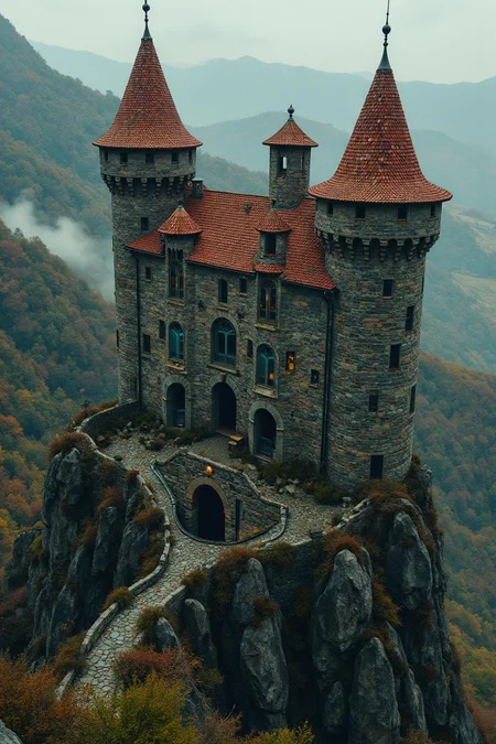 <lora:flux-collagestyle.safetensors:1> darkfantasycollagestyle
From a vantage high above, the ancient stone castle fortress emerges as a delicate, intricate piece of glasswork, its form captured in a high-quality photograph. The historical architecture is rendered with flowing, symmetrical patterns, each stone wall and dark mossy brick a testament to time and artistry. The conical stone towers stand tall, their surfaces beveled and smooth, adorned with fine lines and embellishments that catch the light.
Arched windows, now translucent and reflective, seem to shimmer with a soft, ethereal glow, their frames inlaid with small luminous dots and gems in cool tones of teal, muted gold, and pearl. The red-tiled roof, a tapestry of smooth, polished tiles, reflects the overcast sky, adding depth and a sense of mystery to the scene.
The rolling green hills in the background are a tapestry of muted earth tones, their surfaces smooth and reflective, blending seamlessly with the misty atmosphere. Soft shadows play upon the rugged terrain, enhancing the textures and the sense of historical grandeur. The castle, partially dilapidated yet exuding rustic charm, stands as a heritage site, its ruins a testament to ancient European elegance.
The atmospheric mood, quiet and serene, is illuminated by a soft, diffused light that amplifies the translucency and reflections, creating a play of light that heightens the castle's timeless elegance. Every element, from the detailed textures of the stone to the organic harmony of the landscape, works in concert to evoke a scene of hand-crafted refinement and poised beauty.