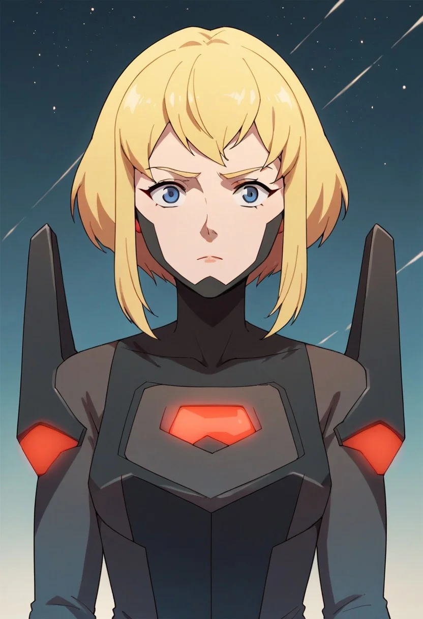 score_9, score_8_up, score_7_up, source_anime,kara zor-el, blonde hair, short hair, blue eyes, 1girl, solo, pilot suit, bodysuit, sidelocks