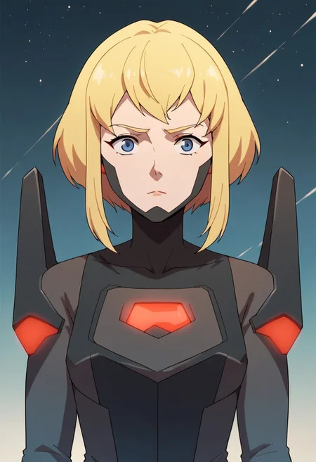 score_9, score_8_up, score_7_up, source_anime,kara zor-el, blonde hair, short hair, blue eyes, 1girl, solo, pilot suit, bodysuit, sidelocks