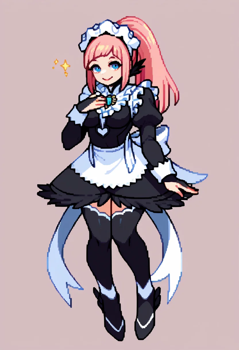 score_9, score_7_up, BREAK, solo, 1girl, smile, looking at viewer, <lora:CPS2-pdxl_Fp:1>, simple background, full body, pixel art, <lora:felicia-fe-richy-v2_pdxl:0.8>, flcdf, blue eyes, pink hair, long hair, ponytail, maid headdress, black feathered collar, blue brooch, breasts, maid, juliet sleeves, maid apron, bridal gauntlets, black thighhighs,
