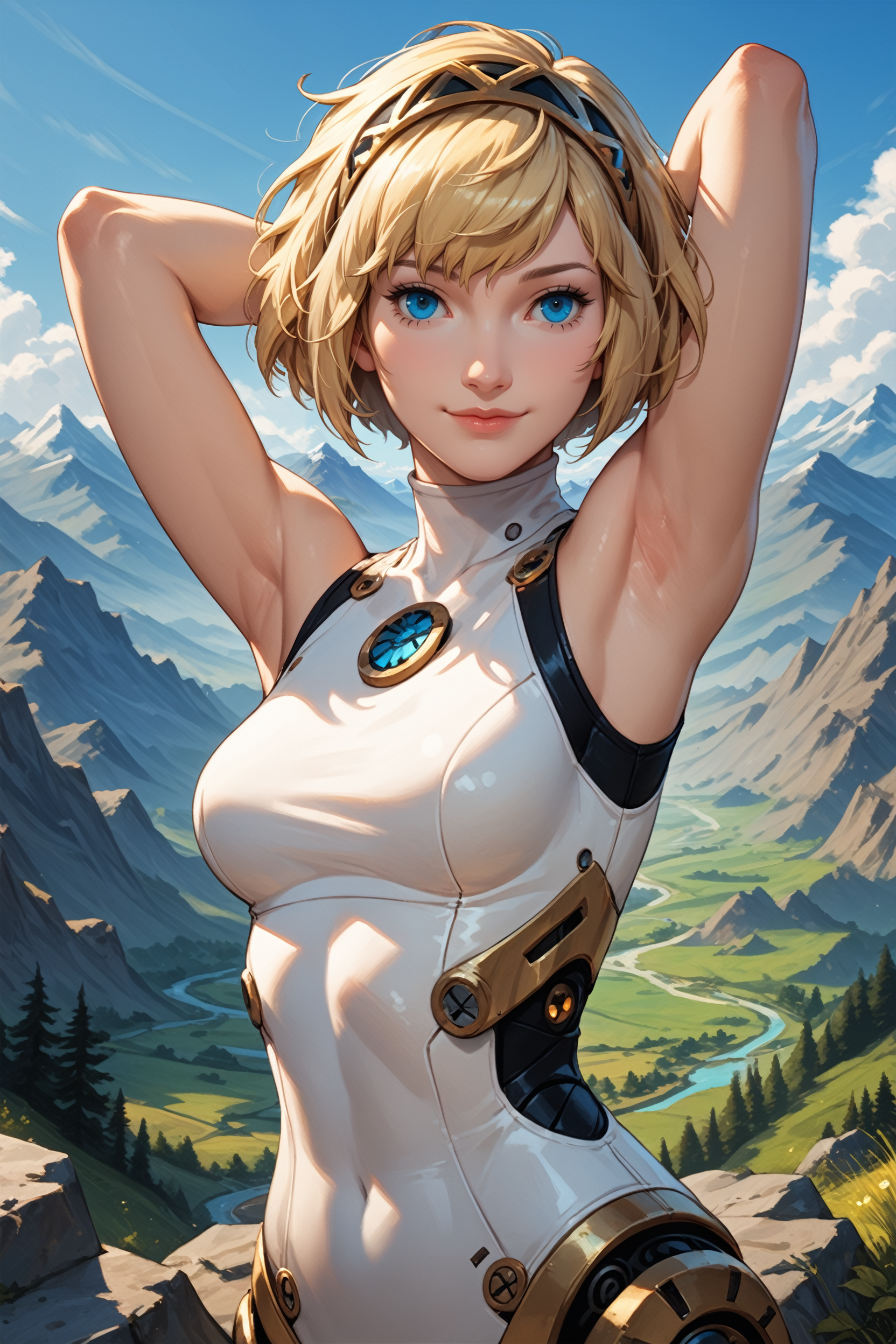 score_9, score_8_up, score_7_up, score_6_up
<lora:P3Aigis:0.8>
P3Aigis, 1girl, android, blonde hair, blue eyes, short hair, looking at viewer, arm behind head, closed eyes, smile, armpit, stretching, arm up, blue sky, landscape, mountains, hills