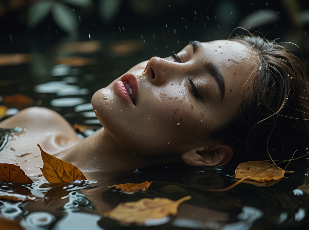 model lying on her back, close-up of nose and lips in profile, emerging from the water, camera half submerged, low angle, dark tones, floating dry leaves, photographic quality, 4K