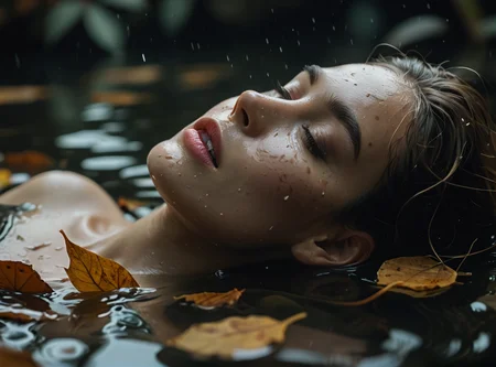 model lying on her back, close-up of nose and lips in profile, emerging from the water, camera half submerged, low angle, dark tones, floating dry leaves, photographic quality, 4K