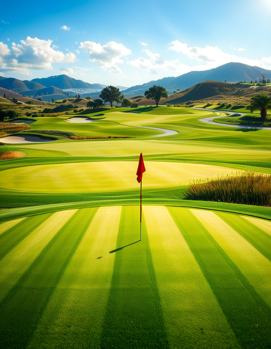 A stunning golf course captured in a high-resolution photograph, bathed in warm sunlight during the golden hour. The vast landscape features lush, perfectly manicured green fairways stretching into the distance, surrounded by rolling hills and scattered sand bunkers with smooth, raked surfaces. A crystal-clear water hazard reflects the sky, adding depth to the scenery. In the foreground, a pristine white golf ball rests on the neatly trimmed grass near a wooden tee marker. A red flag flutters gently atop a flagstick, marking the hole on the undulating green. Tall palm trees or majestic pines line the course, casting long shadows. The background showcases a breathtaking view of distant mountains or a serene blue ocean, enhancing the sense of tranquility and luxury. The sky is a brilliant shade of blue with soft, wispy clouds. The overall composition exudes elegance, precision, and the beauty of nature, capturing the essence of a world-class golf course.
<lora:SDXLFaeTastic2400:0.4> <lora:extremely_detailed:0.4> extremely detailed,<lora:golf_course:1>,golf c0urs3, Masterpiece,best quality,hi res,8k,hi res,8k,award winning,(sharp focus, intricate, highly detailed),