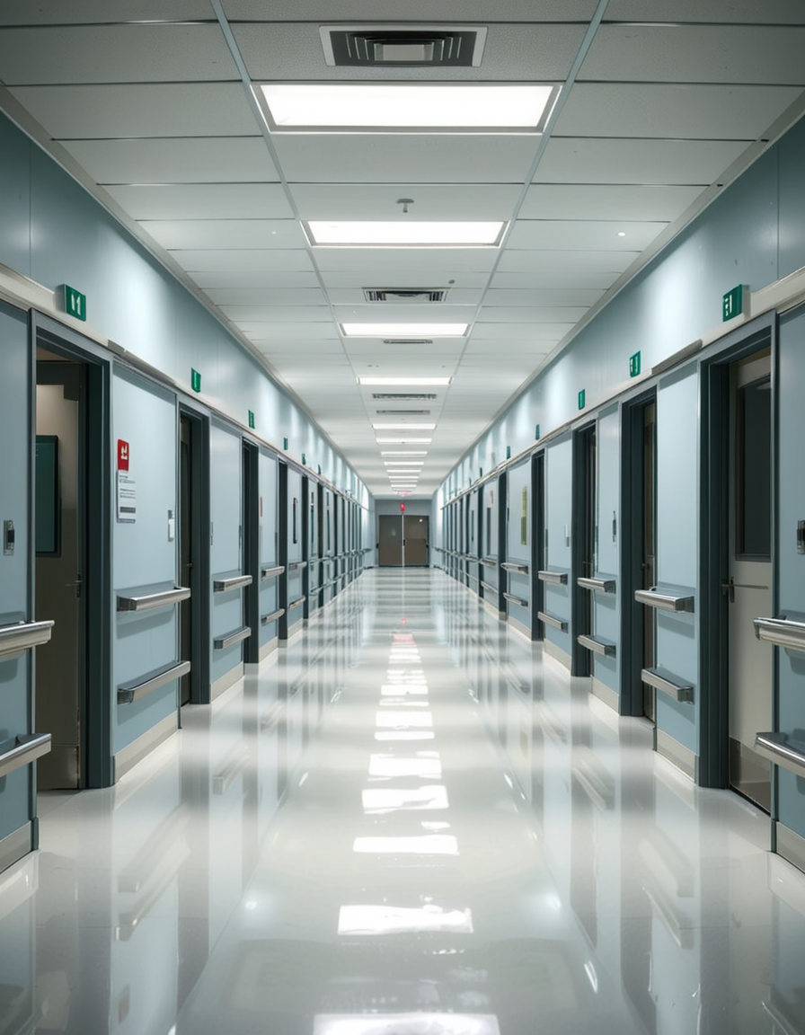 A long, sterile hospital corridor with bright white walls and a polished, reflective floor. The fluorescent ceiling lights cast a cold, clinical glow, emphasizing the cleanliness of the space. The hallway is lined with closed patient rooms, each marked with a small number plate. Stainless steel handrails run along the walls, and a few medical carts are neatly parked near the side. The corridor appears empty, creating a sense of stillness and anticipation. At the far end, a set of double doors with small glass windows leads to another section of the hospital. The atmosphere is quiet, professional, and highly sanitized, evoking a sense of order and precision.
<lora:SDXLFaeTastic2400:0.4> <lora:extremely_detailed:0.4> extremely detailed, <lora:sterile_hospital_c0rr1d0r:1>,sterile hospital c0rr1d0r, Masterpiece,best quality,hi res,8k,hi res,8k,award winning,(sharp focus, intricate, highly detailed),