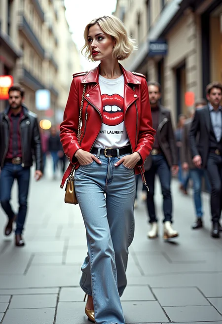 A highly detailed and artistic image of a stylish young woman confidently walking down a city street. She has short, chic blonde hair and striking makeup with bold, dark lipstick. She is wearing a white graphic t-shirt with a playful "SAINT LAURENT" print featuring red lips, tucked into high-waisted, light blue, wide-leg jeans that give her a retro-inspired look. Over her t-shirt, she wears a vibrant red leather jacket with silver zippers and buttons, adding a bold contrast to her outfit. She accessorizes with a thin black belt that cinches her waist, and carries a small, elegant gold handbag with a chain strap, which complements her gold heels. Her footwear consists of sleek, gold high-heeled pumps that add a touch of glamour to her ensemble. The background features an urban setting with modern buildings and a bustling street, providing a dynamic backdrop that highlights her fashionable attire. The lighting natural and bright, casting soft shadows to enhance the textures and details of her clothing and accessories. The image captures her confident and poised demeanor, with her gaze directed slightly away from the camera, adding a sense of movement and elegance to the scene. The overall aesthetic highly artistic, with a focus on fashion and urban chic. 1980s, fashion shoot, designer clothes, aerobics, punk chic, power dressing, oversized. <lora:FLUX.1-DEV_-_Wild_1980s_Fashions_LoRA:0.8>, <lora:realism_lora:1>, hyp3rd3tail style <lora:hyper-detail-illustration:0.4>