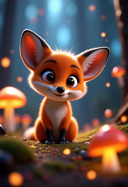 A young fox with oversized, curious eyes exploring a magical forest filled with glowing mushrooms and fireflies, a 3D render in the style of 3DMVIE
