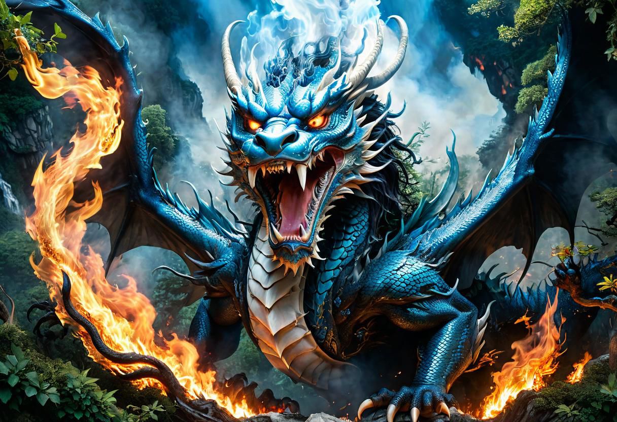 a hiding and grumpy acient chinese dagon concealed by trees, shrubs is peeking out and blowing fire at the viewer, fire underneath dragons scales, the fire burns very intensly lighting up the trees as the dragon breathes fire from its mouth, high up in the Tibetan mountains, blue scales highly detailed, and large white pointy teeth, (large blue and black wing span), and body wraps around all the trees, (in the background in the mountains is a Tibetan monasteries with monks in in orange gowns, uhd, 8k, intense lighting, award winning masterpiece, extremely detailed, detailed background, cinematic, complex and multidimensional lighting,