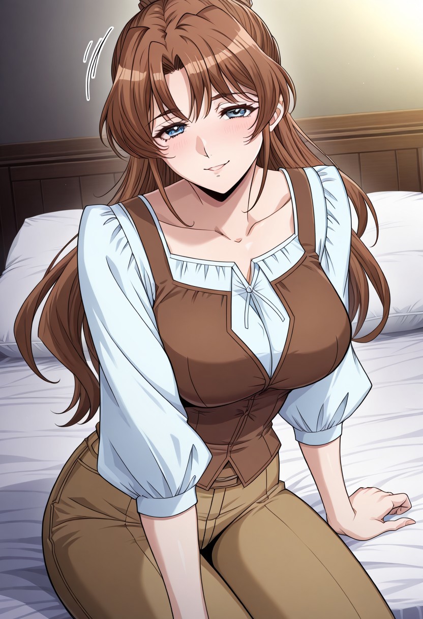 masterpiece, best quality, newest, highres, uncensored, 1girl, yokota mamoru style,1girl, slender face，motion lines,torogao,looking at the viewer,seductive smile,blush
Shiria,Brown Hair,Brown Eyes，long hair，
1girl, female focus, solo, blue eyes, pillow, sitting,  pants,