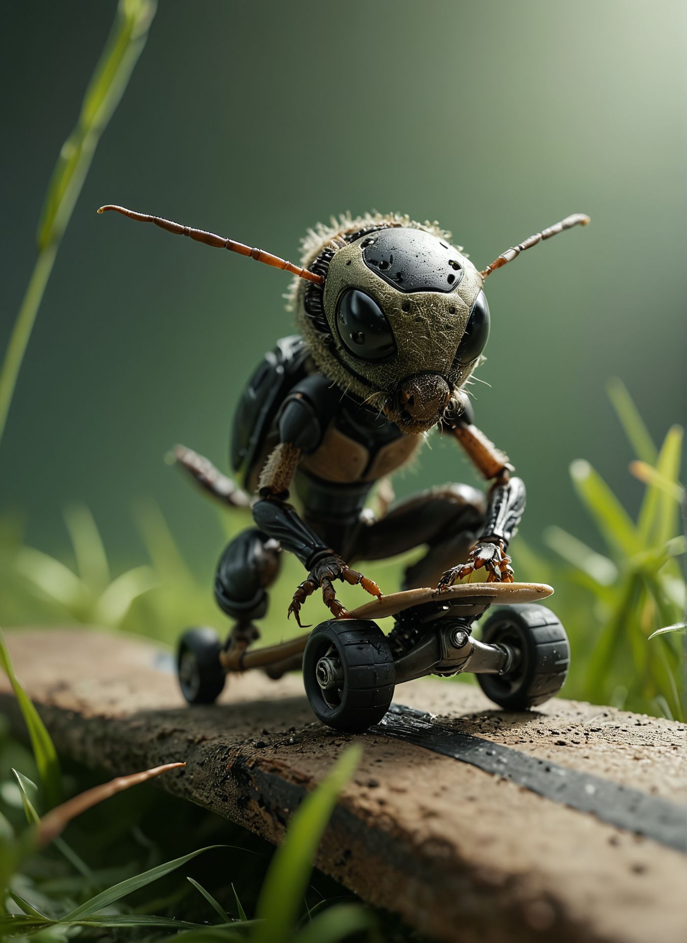 macro photo, ant riding a skateboard, performing tricks on a blade of grass, tiny helmet and knee pads, high detail 
,Ultra realistic, professional photo, uhd, 8k, studio light
<lora:add-detail-xl:1>
<lora:CinematicStyle_v1:0.7>
<lora:SDXLFaeTastic2400:0.25>
 <lora:MJ52:0.425>