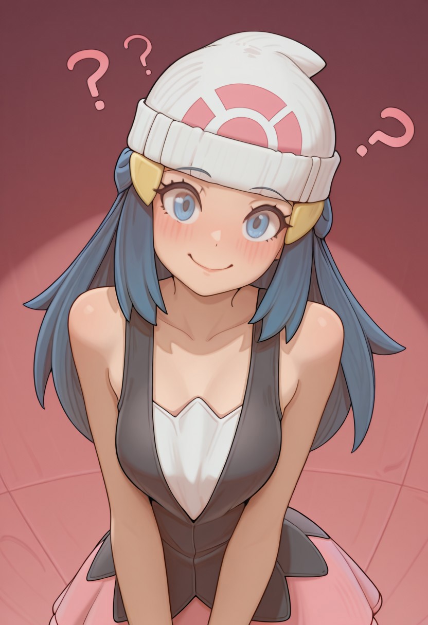 masterpiece, best quality, 
1girl, solo,
dawn \(pokemon\), blue hair, blue eyes, white beanie, dress,
looking at viewer, smile, confused, red cheeks, blush, BartoStyle