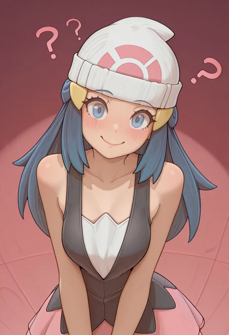 masterpiece, best quality,
1girl, solo,
dawn \(pokemon\), blue hair, blue eyes, white beanie, dress,
looking at viewer, smile, confused, red cheeks, blush, BartoStyle