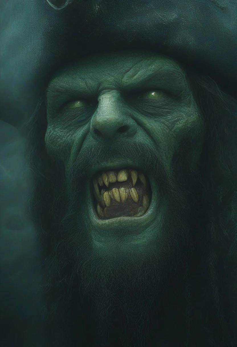 Golbin Pirate Captain with green skin and grin smile.