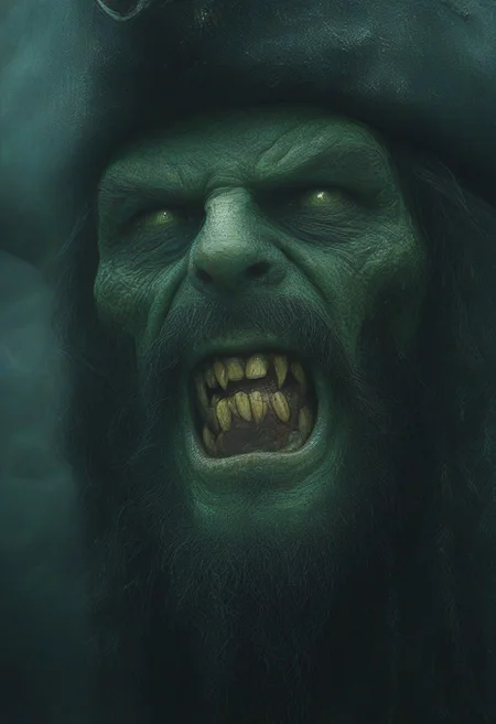 Golbin Pirate Captain with green skin and grin smile.