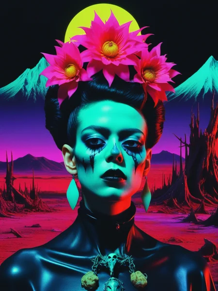 <lora:08SurealismArt_Hap_XL:1>, frida kahlo style, in the style of the decaying empire of Wrstreich, dark magic and grotesque creatures abound, inspired by Sean Aaberg's punk aesthetic, dark fantasy world combines grim landscapes with vibrant, exaggerated neon colorful art, old 80's VHS dark fantasy, VHS screen grab, grainy, old footage,