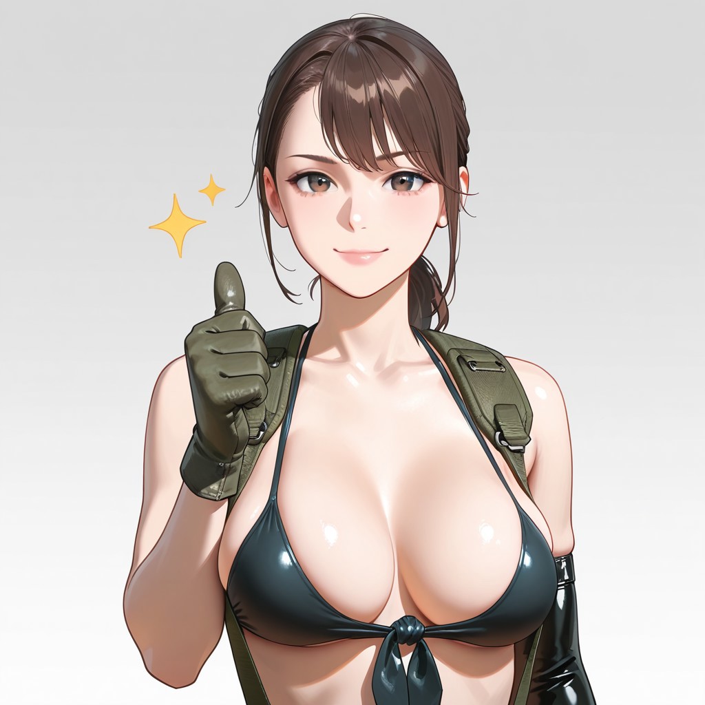 masterpiece,best quality,amazing quality,2D,solo,1girl,qqquiet,brown hair, ponytail,lips,large breasts,front-tie bikini top,suspenders,elbow gloves,asymmetrical gloves,mismatched gloves,closed mouth,smile,thumbs up,looking at viewer,upper body portrait,gradient background