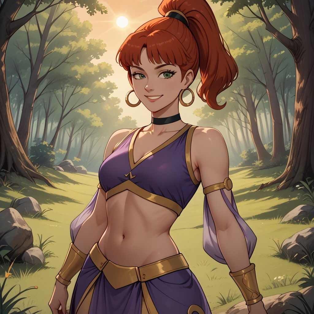 score_9, score_8, BREAK, Jeannie, red hair, hair in a high ponytail, hoop earrings, black choker, wears a purple Genie outfit with green highlights, midriff, crop top, navel, brown shoes, sexy pose, self portrait, smile, outdoors, sunlight, shadows, evening lighting, natural lighting, forest, trees, grass, orange sky, sunset