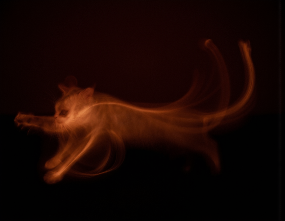  <lora:{blur, }Blur-000018:0.85> blur, Abstract long exposure image of a cat darting playfully after a laser pointer in a dark room, creating swirling light patterns, artistic interpretation, high-speed sync flash, f/5.6, ISO 200, minimalist, bokeh effect, smooth gradients, dynamic movement, contemporary art style, glowing trails. . 35mm photograph, film, bokeh, professional, 4k, highly detailed