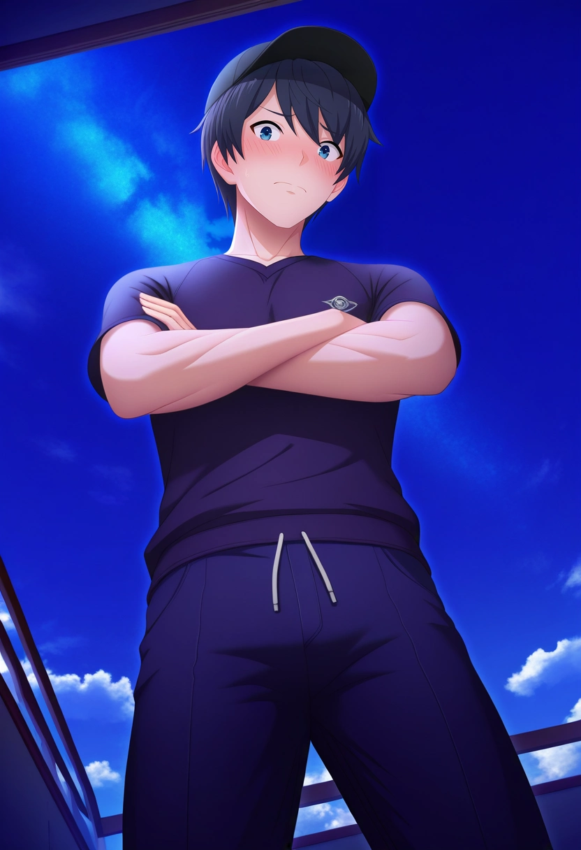 masterpiece, best quality, , (3d:0.4), looking at viewer, 1boy, solo, male focus, <lora:touya_mochizuki_ilxl:0.92>, touya_mochizuki, black hair, blue eyes, , from below, heaven, clouds, indoors, dark, crossed arms, shy, blush, henley, baseball cap