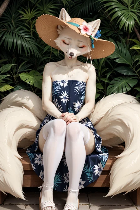 photography \(artwork\), hi_res, score_9, score_8_up, score_7_up, score_6_up, score_5_up, score_4_up, realistic ,BREAK, <lora:Expressive_H:0.8> Expressiveh, <lora:Miki - JellyEnvy's Oc v2:0.7> Miki, anthro, female, arctic fox, (white fur, white body), flat chested, slim, eyes closed, kemono, thick thighs, wide hips, multi tails, thigh highs, Tropical Paradise: Tropical print dress, floppy hat, and wedge sandals, Sitting with legs crossed hands resting on knees