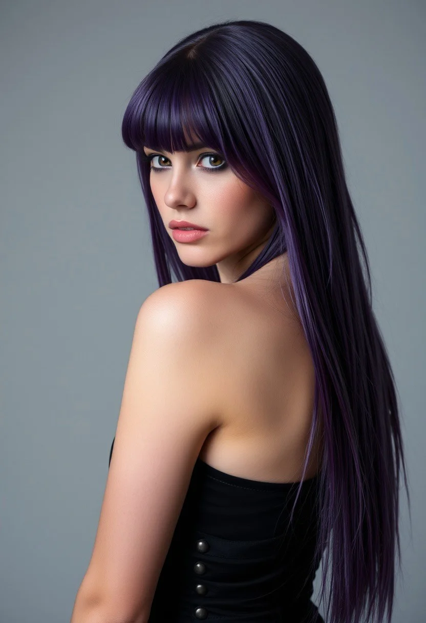 45 deg angle view, one woman (goth) head turned right looking at viewer, sultry expression, long purple hair, piercing eyes, seductive, charming woman, charmful looking, captivating, minimalist, slender frame, detailed, black corset,