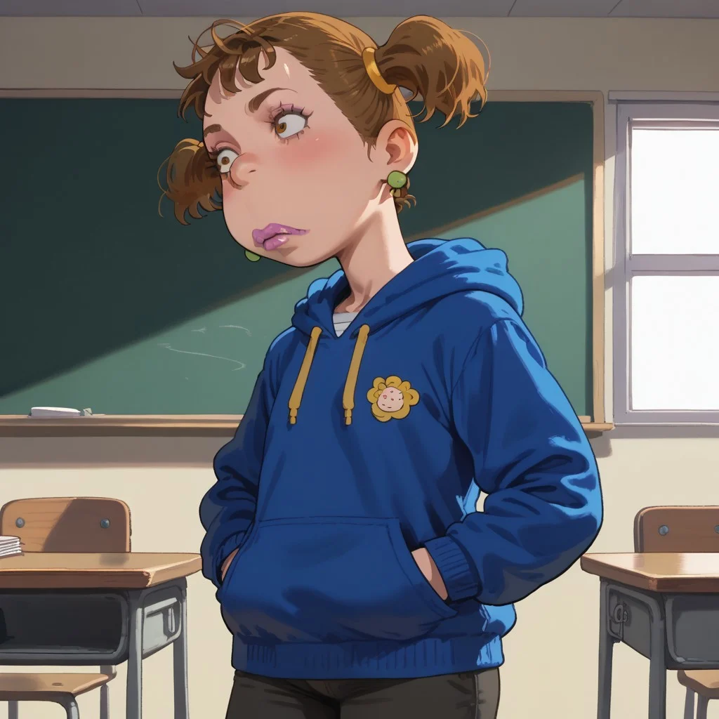 score_9, score_8, score_7, break, Dodie_atbg. short twintails, brown hair, earrings, hoodie, hands in pockets, classroom