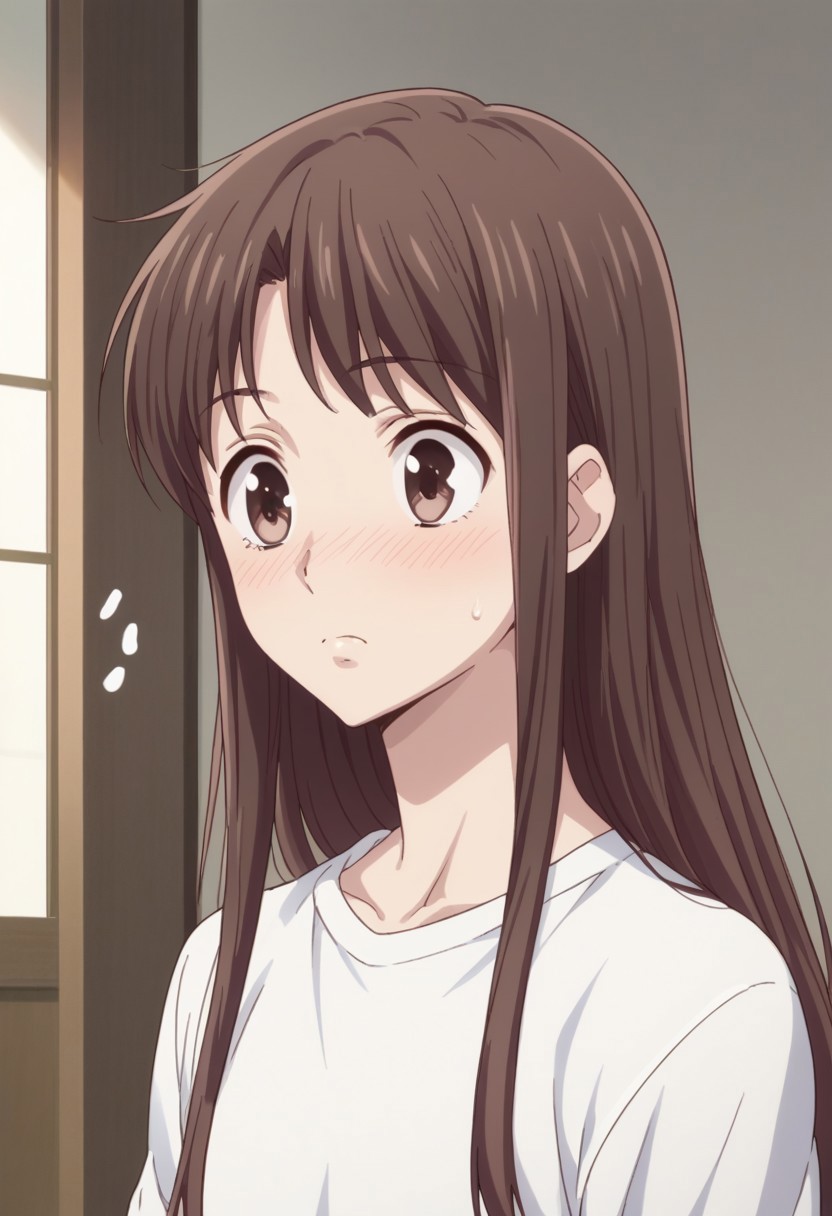 score_8_up, score_7_up, source_anime, highly detailed, 
tohruhonda, 1girl, solo, brown hair, long hair, brown eyes, shirt, white shirt, confused, ??, blush,
indoor, japanese,