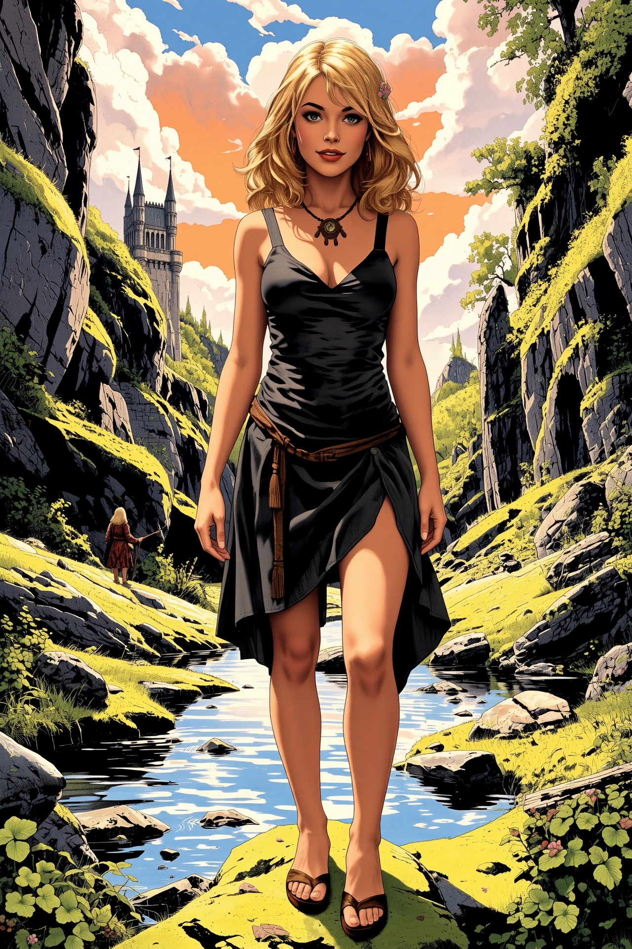 (young woman:1.2), (druid:1.2), illustration, shag   medium blonde hair,  close-up portrait, (standing:0.9), full body, legs, loincloth, (sandals),  Oxford Gray (druid clothes), flower in hair, tassel earrings, celtic necklace, glossy lips, happy (smile:0.6), pretty beautiful, feminine, (nice lovely,adorable cute:0.8), sexy, (in love romantic loving:0.8), fantasy, (beautiful celtic landscape:0.9), (very detailed:1.2), (best quality:1.2), sharp focus, (big rocks:0.9), (moss:0.4), (ripples, reflections:0.8), celtic  castle, (small river small pond:0.5), druid forest, (druid village:1.2), (stunning nature environment:0.8) , (enchanted land:0.5), bright (sunny sky), (sunset:0.3), high contrast, natural light, backlight, shadows, (lens flare:0.4), (vibrant colors, colorful):0.6, clovers, (Hunter Green flowers:0.9), leaves, <lora:Hand v2:0.8> Detailed hand, Hand, Perfect hand <lora:Vintage comic book:1> <lora:Luminous_Shadowscape:0.3>