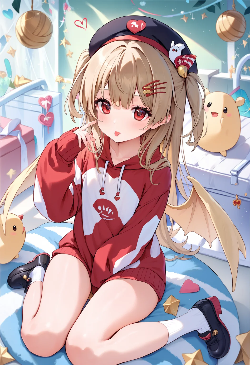 score_9,score_8_up,score_7_up,<lora:PDFA_Style7256193366-000180:0.9>,1girl,solo,blush,smile,looking at viewer,casual,indoors,animal,animal print,black eyes,black footwear,black headwear,closed mouth,expressionless,full body,hair ornament,hand up,heart,open mouth,red eyes,shoes,sitting,sleeves past fingers,sleeves past wrists,socks,tongue,two side up,white socks,wings