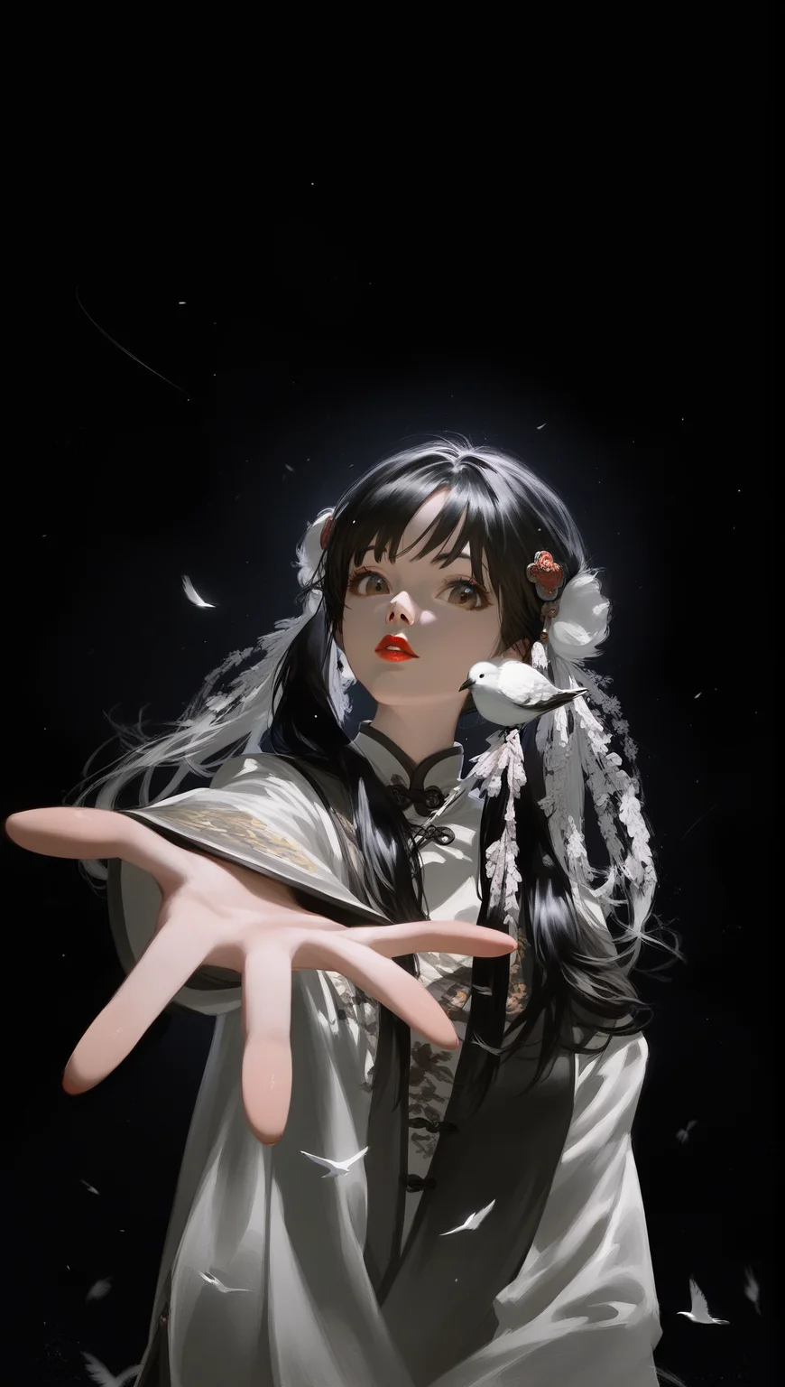 score_9_up,score_8_up,1girl,solo,black hair,long hair,outstretched hand,reaching towards viewer,looking at viewer,bangs,bird,upper body,long sleeves,chinese clothes,lips,twintails,black background,outstretched arm,reaching,black eyes,realistic,red lips,brown eyes,hair ornament,balck background