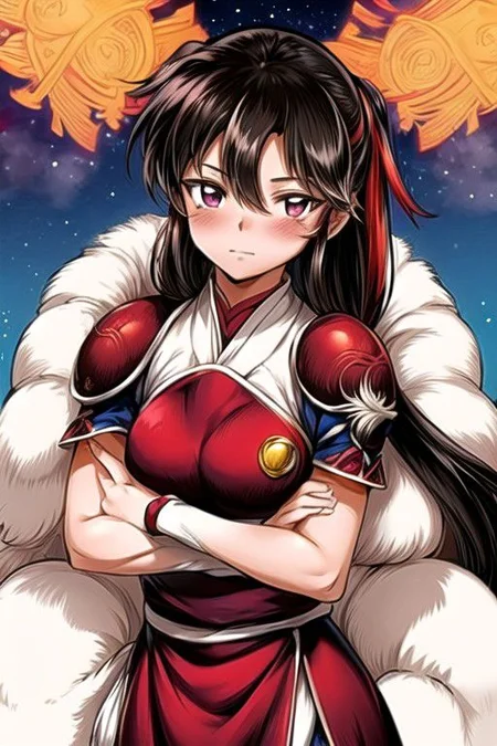 best quality 1girl Setsun4 solo long hair, (night time) forest background black hair very long hair purple eyes multicolored hair armor, small, (fur trim) (medium body),<lora:EMS-179-EMS:0.800000>,<lora:EMS-293862-EMS:0.800000> bow, hair_bow, hair_tubes, red_bow, brown_hair, long_hair, bangs, ascot, frilled_bow, yellow_ascot, blush, smile, hair_between_eyes, athletic, armor, miko, ,(((intricate outfit,intricate clothes,embroidered outfit,ornate outfit,embroidered clothes,ornate clothes))), strengthmda, crossed arms,