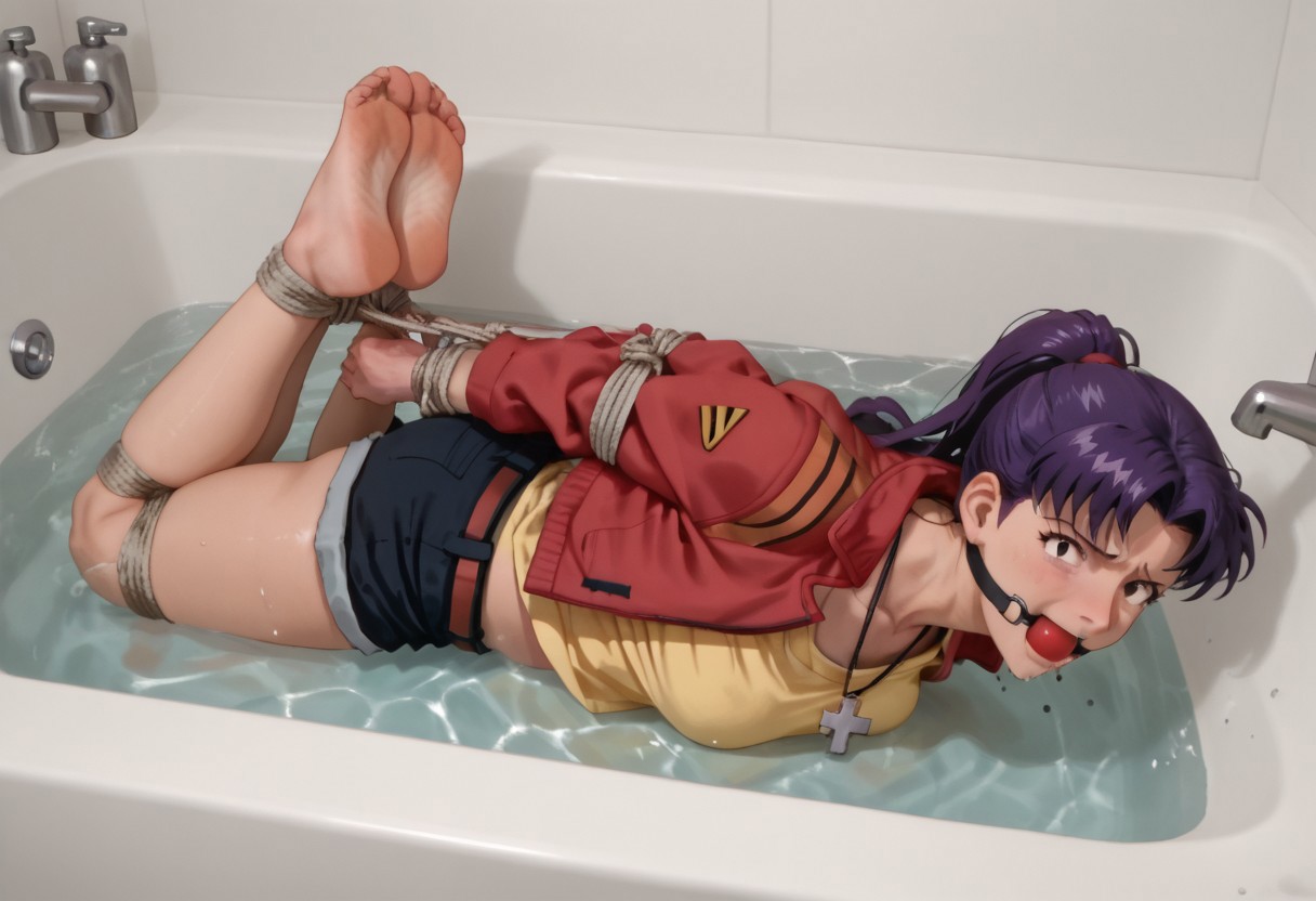 score_9, score_8_up, score_7_up, score_6_up, score_5_up, score_4_up,  source_anime, source_cartoon, 1girl,  solo,ponytail, misato katsuragi, long hair, brown eyes, purple hair, parted bangs, sidelocks, shirt, sleeveless, shorts, short shorts, bare legs, denim, denim shorts, yellow shirt, collarbone, ponytail, sidelocks, shirt, sleeveless, shorts, short shorts, bare legs, denim, denim shorts, yellow shirt, collarbone, skirt, jewelry, jacket, belt, necklace, uniform, cross, red jacket, pencil skirt, cross necklace, red skirt, black shirt, turtleneck, cropped jacket,waterfillingbathtub, bathtubbondage, tied up with heavy shibari ropes, arms behind back, bound wrists, legs together, feet together, ballgagged, wet, source_anime, slrmn, hogtied&gagged, drowning, shadcom, struggling, water coming out of faucet