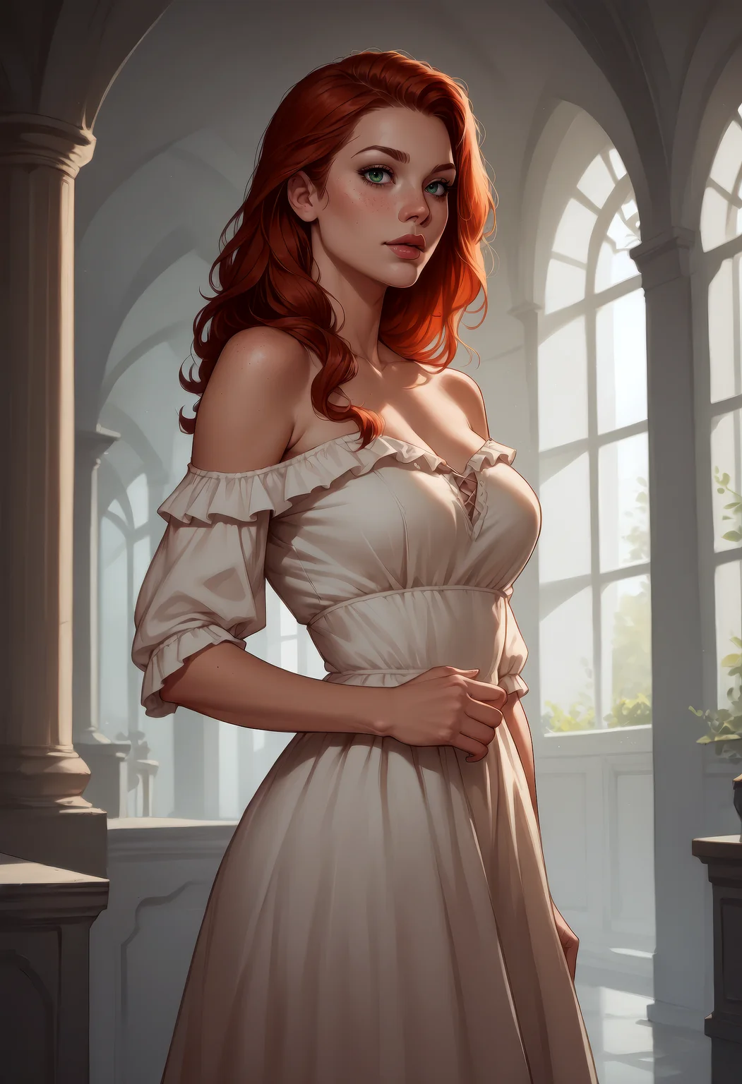 score_9, score_8_up, score_7_up, beautiful redhead girl, off shoulder paillette dress, cinematic lighting, perfect shading, dynamic angle, amazing composition