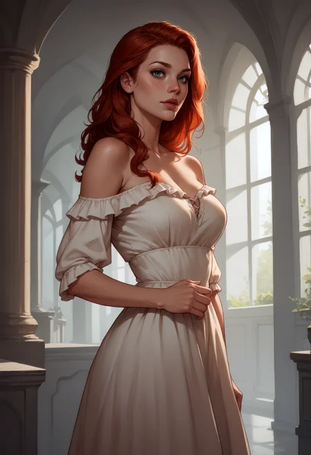 score_9, score_8_up, score_7_up, beautiful redhead girl, off shoulder paillette dress, cinematic lighting, perfect shading, dynamic angle, amazing composition