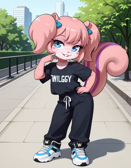 masterpiece, best quality, very aesthetic, absurdres,
outdoors, streetwear,
full body, posing,
seductive smile, parted lips, long eyelashes,
<lora:Twiggy_v01_NAIXL:1>
Tw166y,1girl,solo,furry,furry female,squirrel girl,pink hair,squirrel ears,short hair,twintails,hair bow,blue eyes,blush stickers,animal nose,buck teeth,body fur,pink fur,squirrel tail,