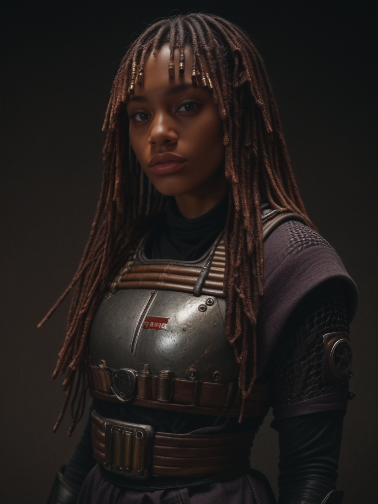 female, detailed face, dark background, solo, score_9, score_8_up, score_7_up, score_6_up, ninja, dark skin, lips, armor, science fiction, ammunition belt, red dreadlocks, long hair, bangs,  <lora:Mae-ho_Aniseya:1>, (dark atmosphere:2)