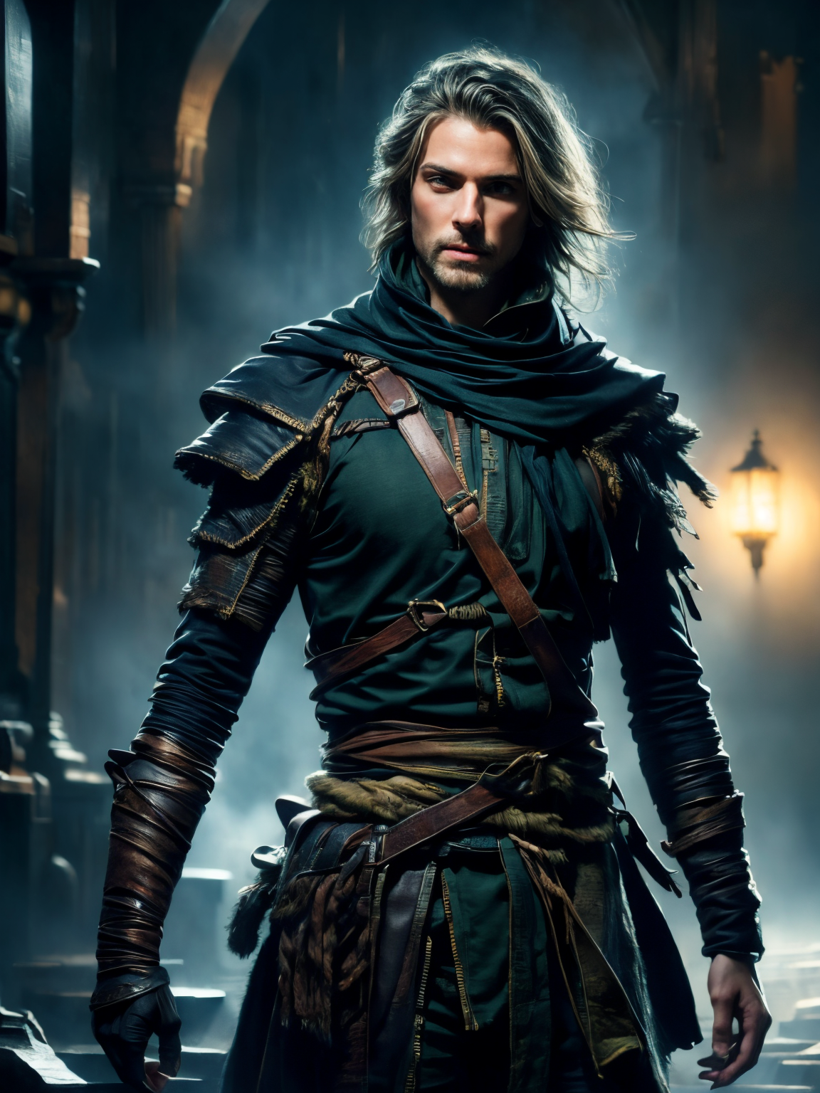 (masterpiece:1.2), (best quality,:1.2), 8k, HDR, ultra detailed, ((photorealistic)), perfect anatomy, professional light, cinematic lighting, fashion photography, ambient lighting, (DarkFantasy:0.6), (1man), a (male) rogue, wild hair, dark clothes, dark armor, FaRo, in Aurora Skybridge, 
<lora:add_detail:1>, FaRo <lora:FantasyRogues:1>,  <lora:FantasyRuins:0.9> FanRu