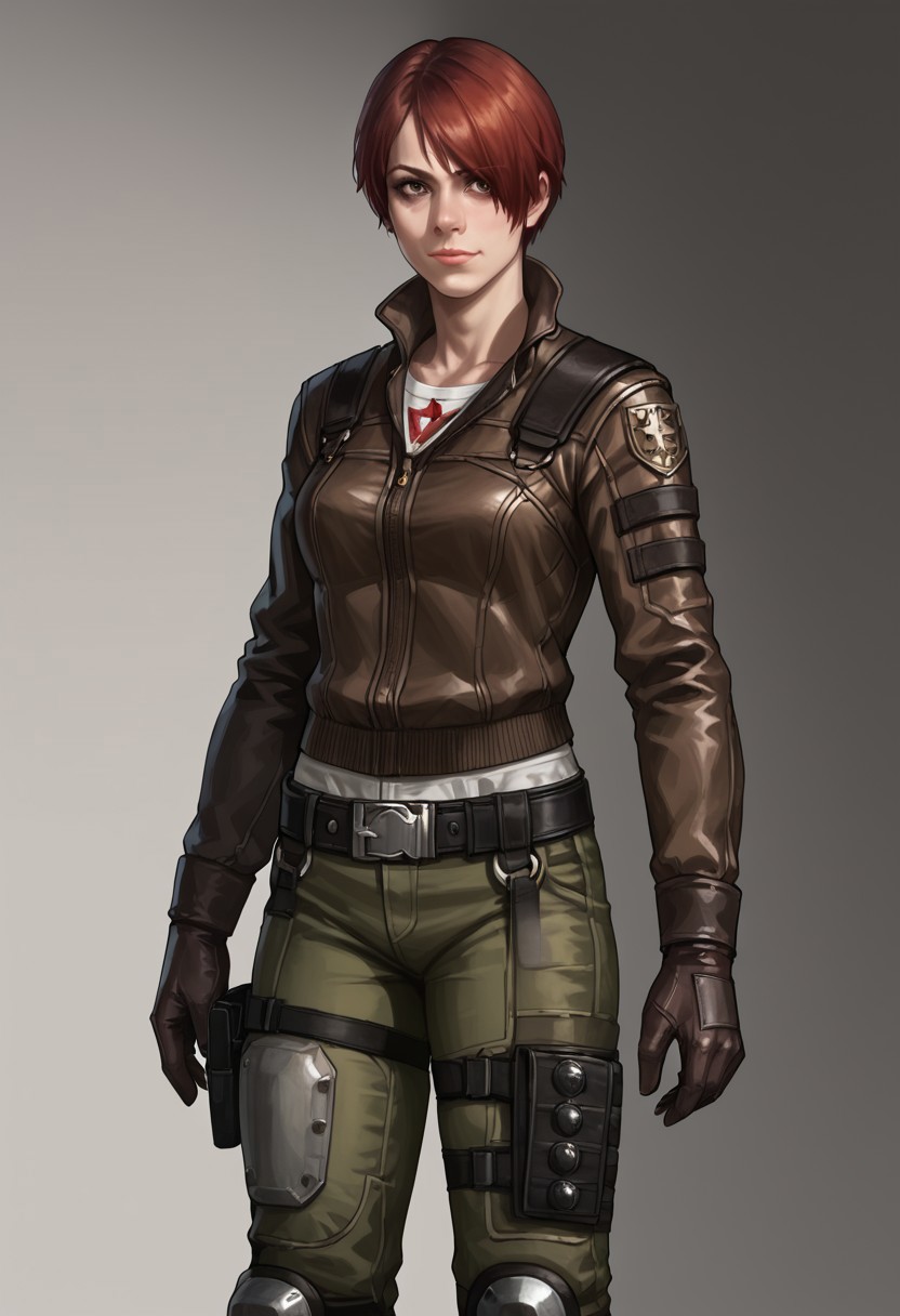 Score_9_up, score_8_up, score_7_up, score_6_up, source_realistic, cowboy shot, BREAK tweedre, red hair, short hair, hair over one eye, brown leather jacket, green pants, knee pads, belt, holsters, gloves,