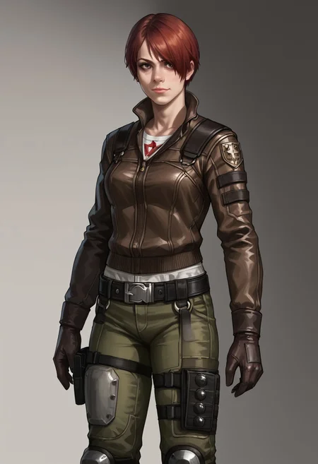 Score_9_up, score_8_up, score_7_up, score_6_up, source_realistic, cowboy shot, BREAK tweedre, red hair, short hair, hair over one eye, brown leather jacket, green pants, knee pads, belt, holsters, gloves,