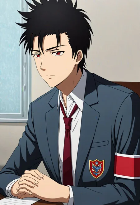 Highres, Masterpiece, High Quality, 4K, 8K, solo, 1Boy, Soujirou Agata, borown eyes, black hair, student council president, school uniform, portrait, meeting table, red armband, easynegative, detailed_eye_model