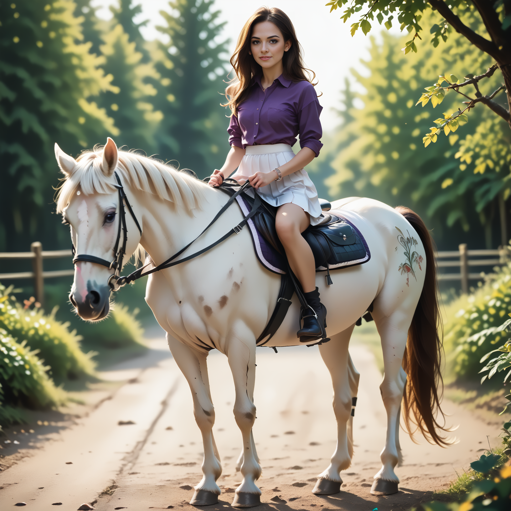 score_9, score_8_up, score_7_up, BREAK, RiHorse, front_view++ (slim 25yo female) riding a  horse. The female wears white short skirt and purple shirt. The female has long brunette hair    <lora:RideHorsePony:.8>
