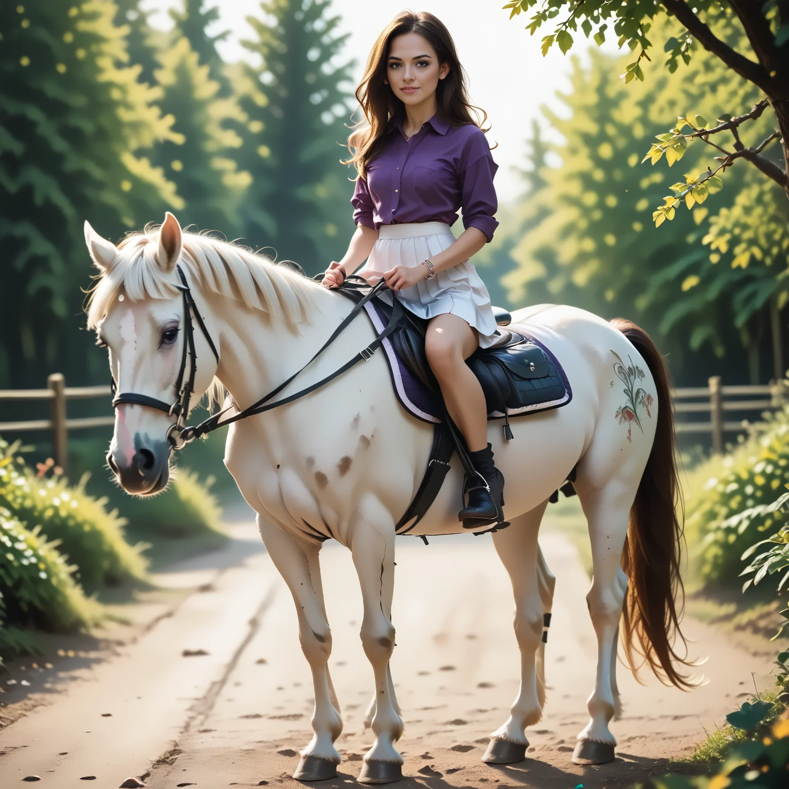 score_9, score_8_up, score_7_up, BREAK, RiHorse, front_view++ (slim 25yo female) riding a horse. The female wears white short skirt and purple shirt. The female has long brunette hair <lora:RideHorsePony:.8>