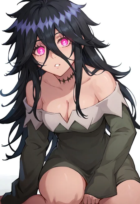 high quality, good quality, perfect quality, amazing quality, high res, score_7_up, score_8_up, score_9_up, source_anime, solo focus, female focus, 1girl, sentoinxx, messy hair, long hair, black hair, bangs, hair between eyes, pink eyes, white pupils, glowing eyes, choker, medium breasts, sentodress, off-shoulder, bare shoulders, strapless, collarbone, cleavage, long sleeve dress, oversized clothes, sleeves past fingers, bare legs, parted lips, facing viewer, white background,