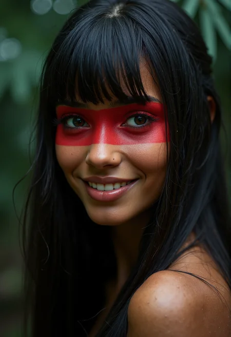 Photorealistic extreme close-up portrait of a young Brazilian indigenous woman with gorgeous features. She has a warm skin tone and long, straight black hair with full bangs, and wears vivid red ceremonial face paint across her eyes. Her skin is accentuated by dramatic side lighting. She has a confident, slightly playful smile. Her look blends tribal elegance with soft sensuality. The background is a deep jungle environment, shadowed and mysterious, with palm leaves faintly visible in the dark. The mood is intense, cinematic, and primal <lora:aidmaFLuxPro1.1_v0.3:0.85> aidmafluxpro1.1